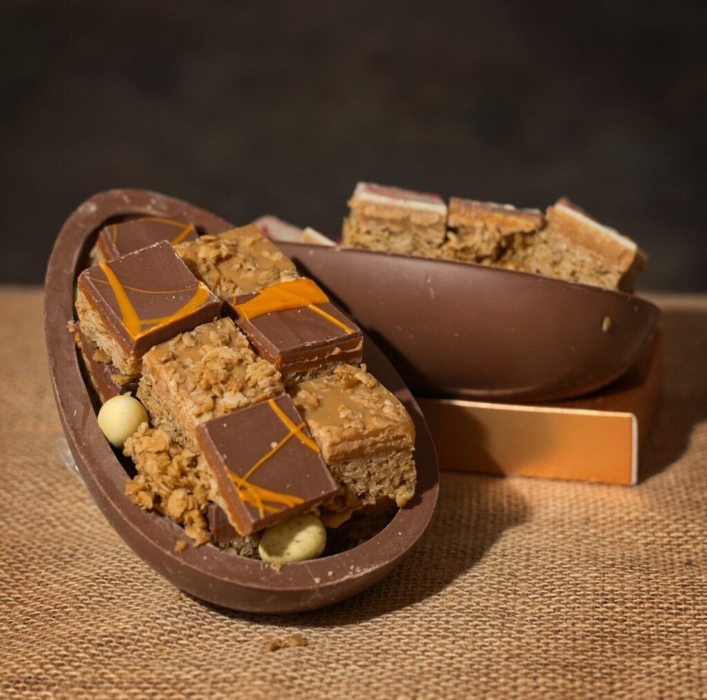 A chocolate easter egg filled with mini flapjacks