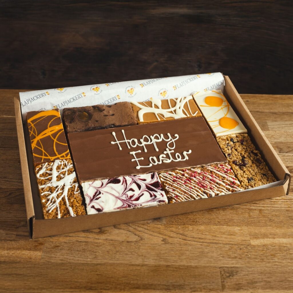 Flapjackery Happy Easter flapjacks and a selection box