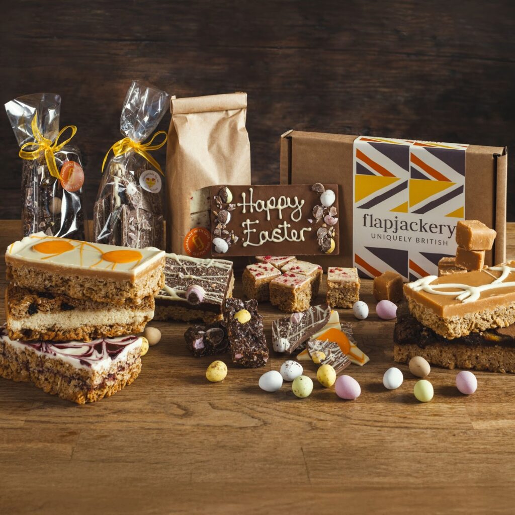 Flapjackery Happy Easter flapjacks, treats, fudge and shards in a gift box.