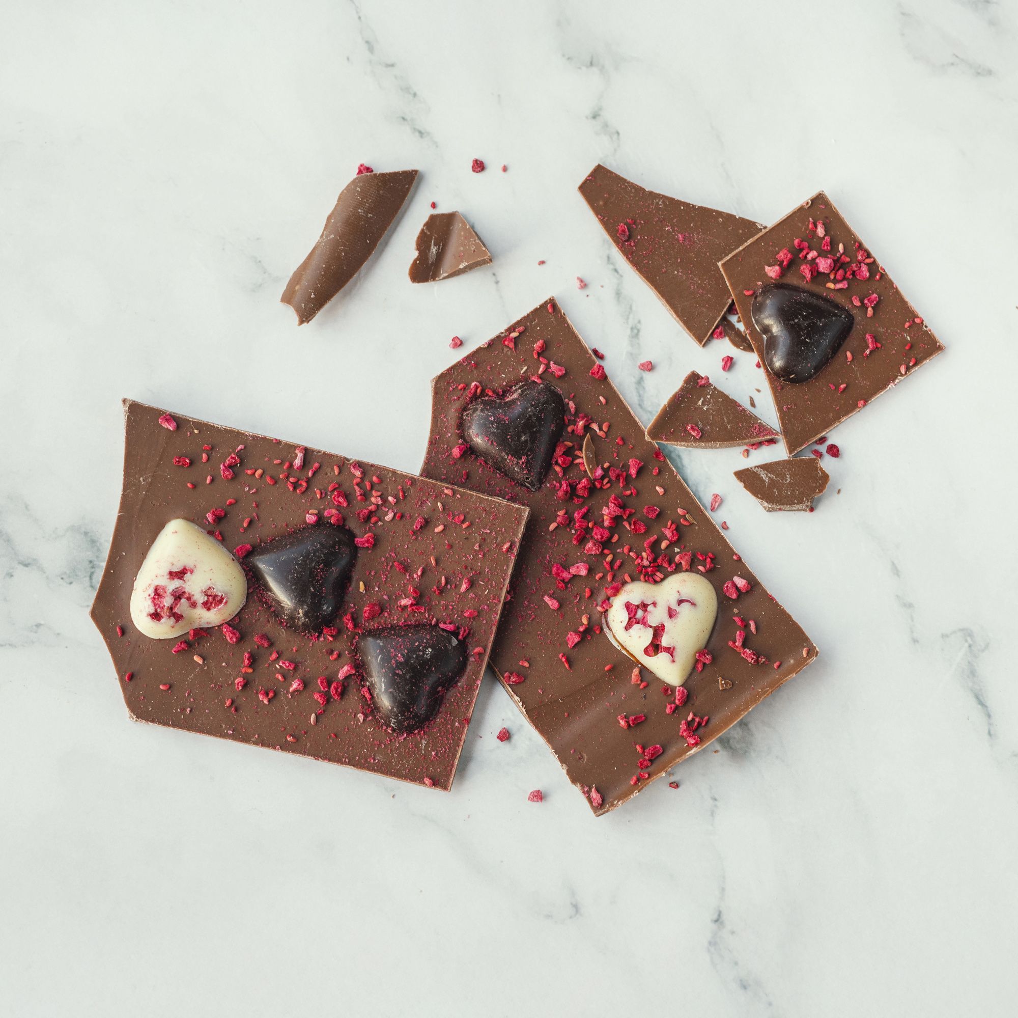 Raspberry Chocolate Shards - 3 x 100g Bags | Handmade With Love | Creamy Milk Chocolate | Dried Raspberries | Decorated With Hearts | Gluten-Free
