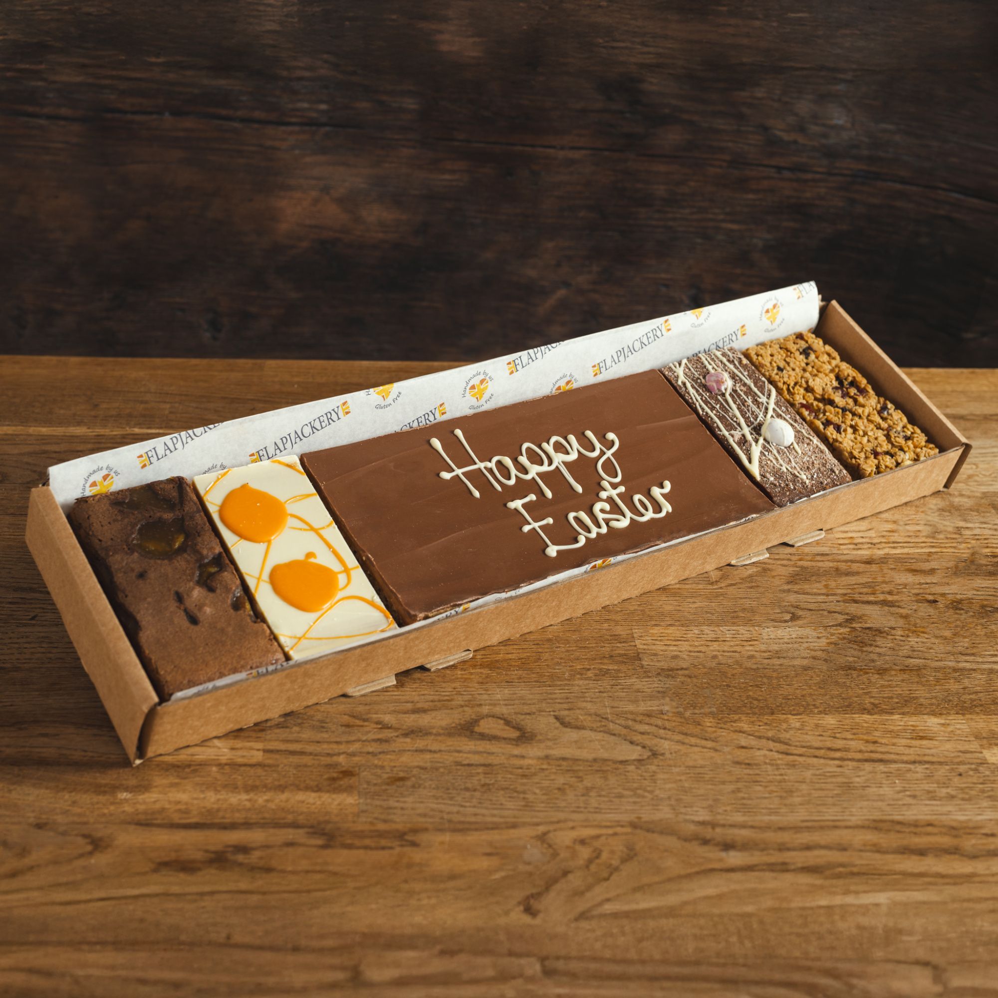 ‘Happy Easter’ Flapjack Gift Box - Millionaires Message Plaque with 4 Additional Flapjacks