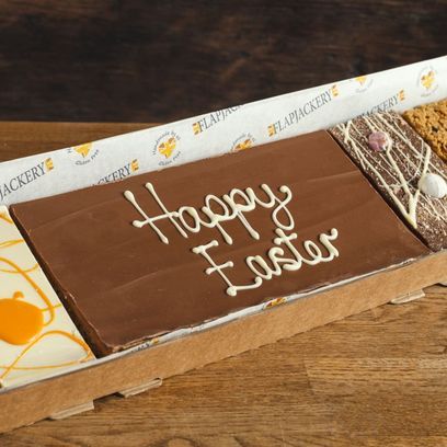 Large Message Flapjack Plaque With White Chocolate Message - Happy Easter
